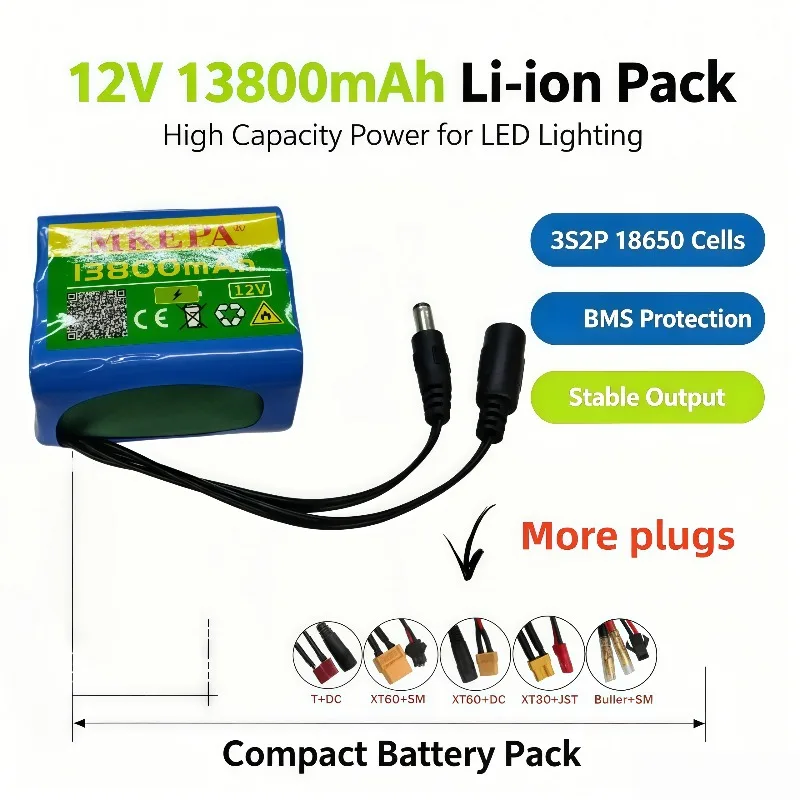 18650 3S2P 12V Battery Pack 13800mAh Lithium-ion with 3A BMS for LED Lighting Backup Customizable