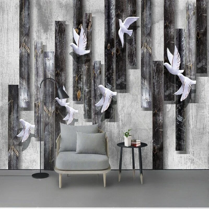 MU9168 Modern simple and retro wooden board bird mural TV bedroom background wall