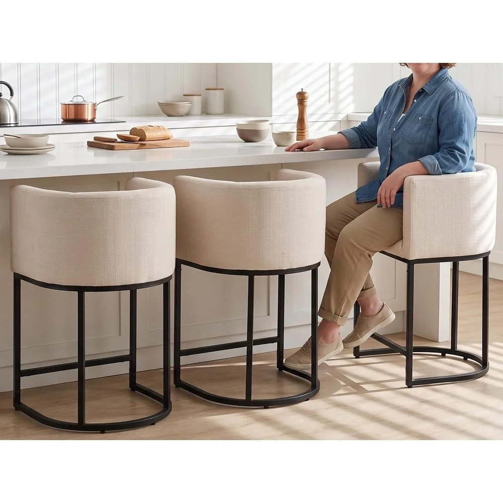 Barrel Bar Stools Set of 3 Counter Height Bar Stools Beige