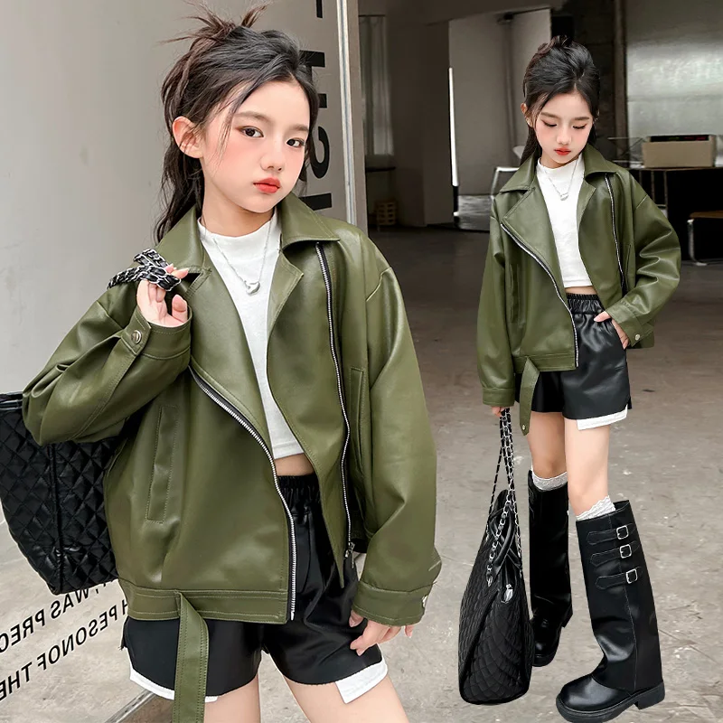 

New Spring Autumn Kid PU Leather Jacket Ages 4-14Y Girl Casual Fashion Coat Tween Girl Vintage Outwear Child Korean Style Jacket