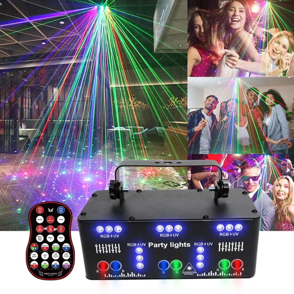 21 Hole RGB Party DJ Disco Beam Patterns Stage Laser Light Projector RGB UV LED Strobe Sound