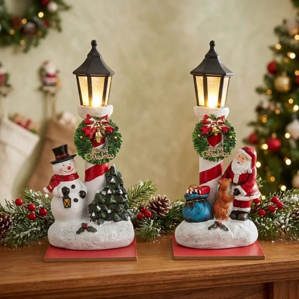 2Pcs 2D Flat Santa Wooden Tabletop Ornament Vintage Wreath Christmas Lantern Craft Sign Snow Scene Stable Base