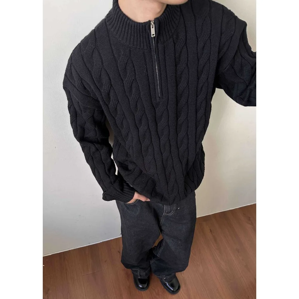 سترة تيسكو سوداء متماسكة بسحاب - ياقة واقفة، سترة دافئة كاجوال للارتداء اليومي للرجال #3