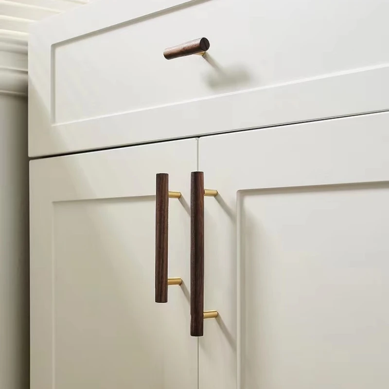 Nordic Wooden Long Drawer Knobs T bar Handle Walnut Cupboard Pulls Kitchen Cabinet Door Handle Furniture Decorate Pulls and Knob