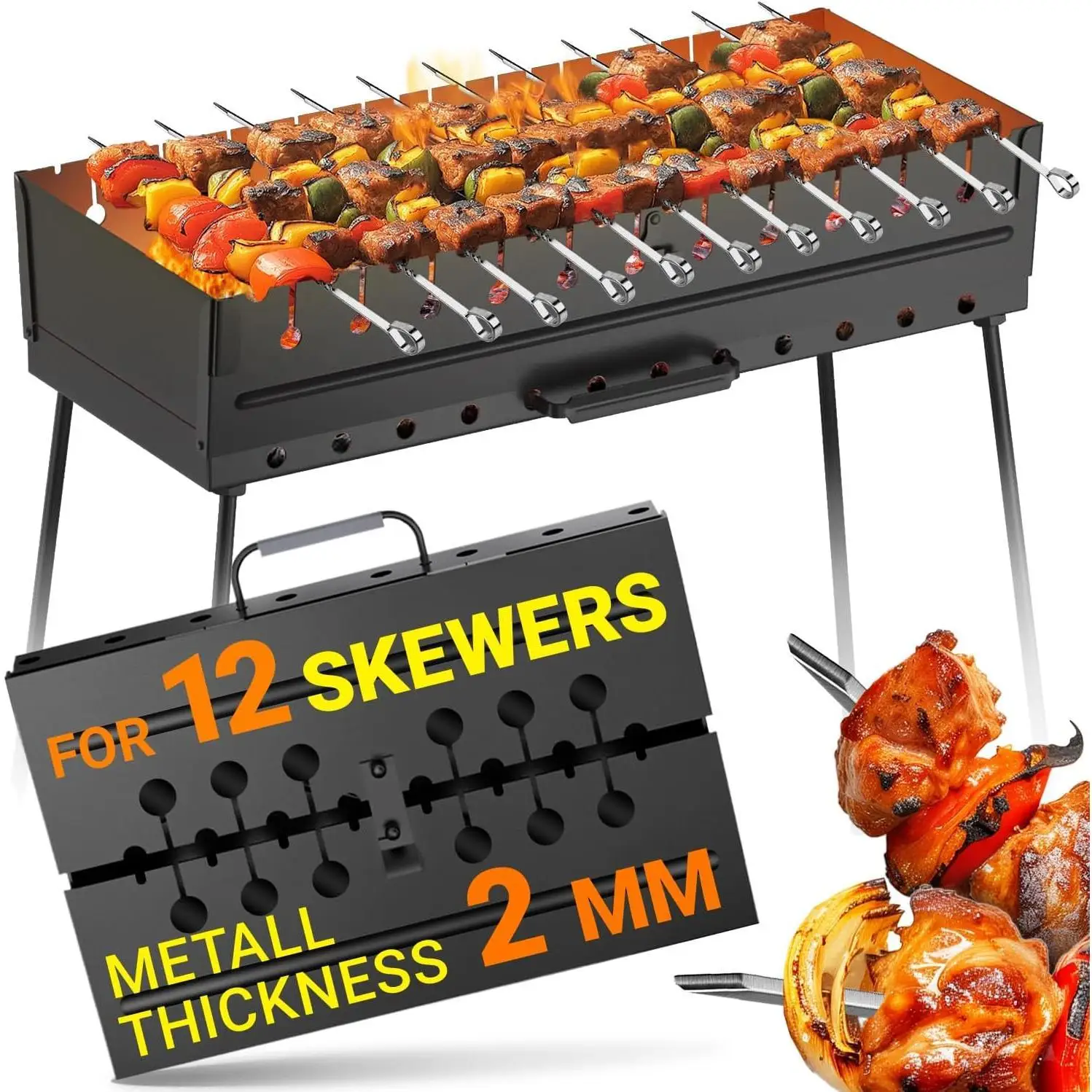 

Charcoal Grill for 12 Skewers - Portable Barbecue Camp Grills - Foldable Metal - Kebab Shish BBQ for EDC Picnic Outdoor