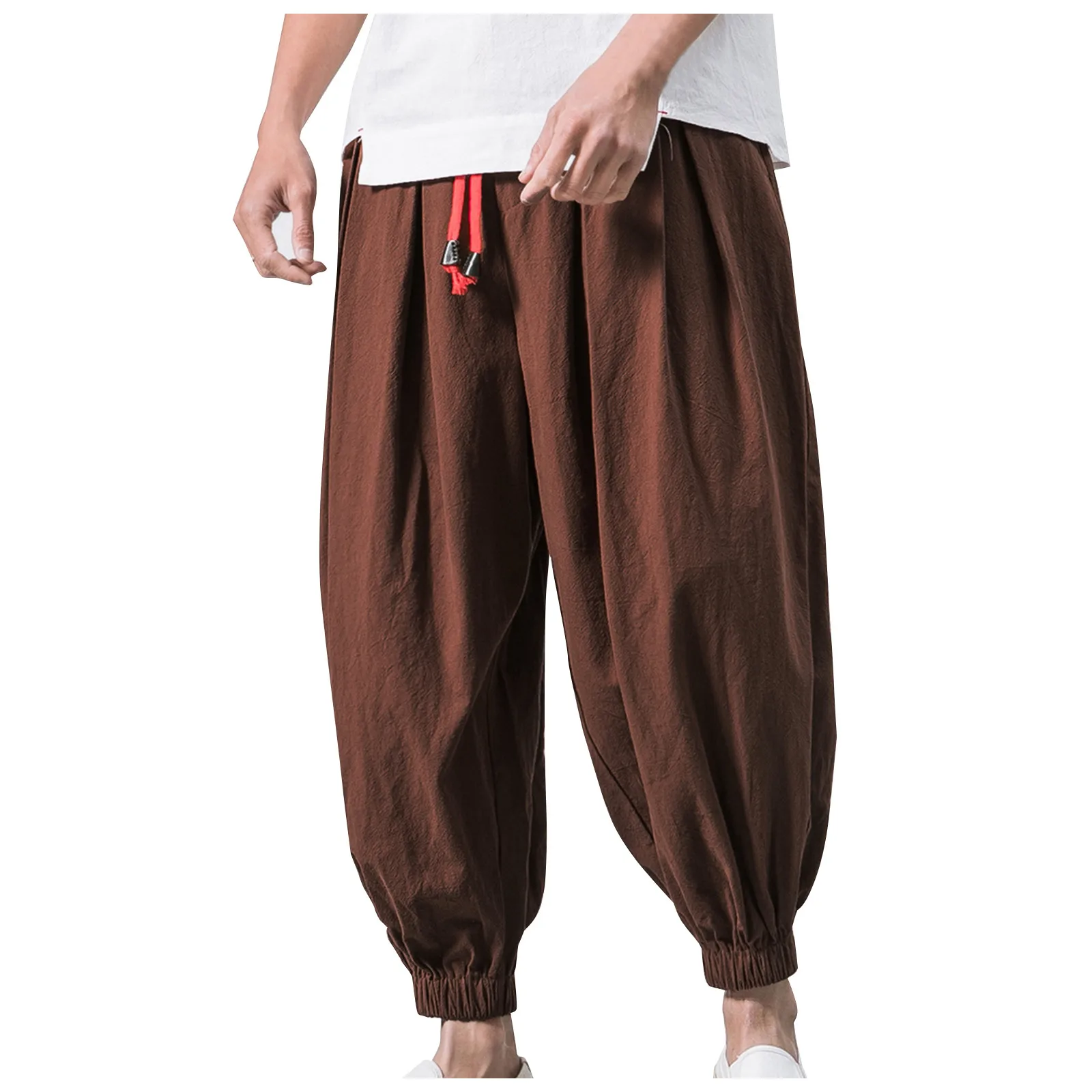 

Men'S Fashion Bloomers Summer Solid Color Casual Cropped Pants Drawstring Elastic Waist Loose Wide Legs Bloomers With Pockets