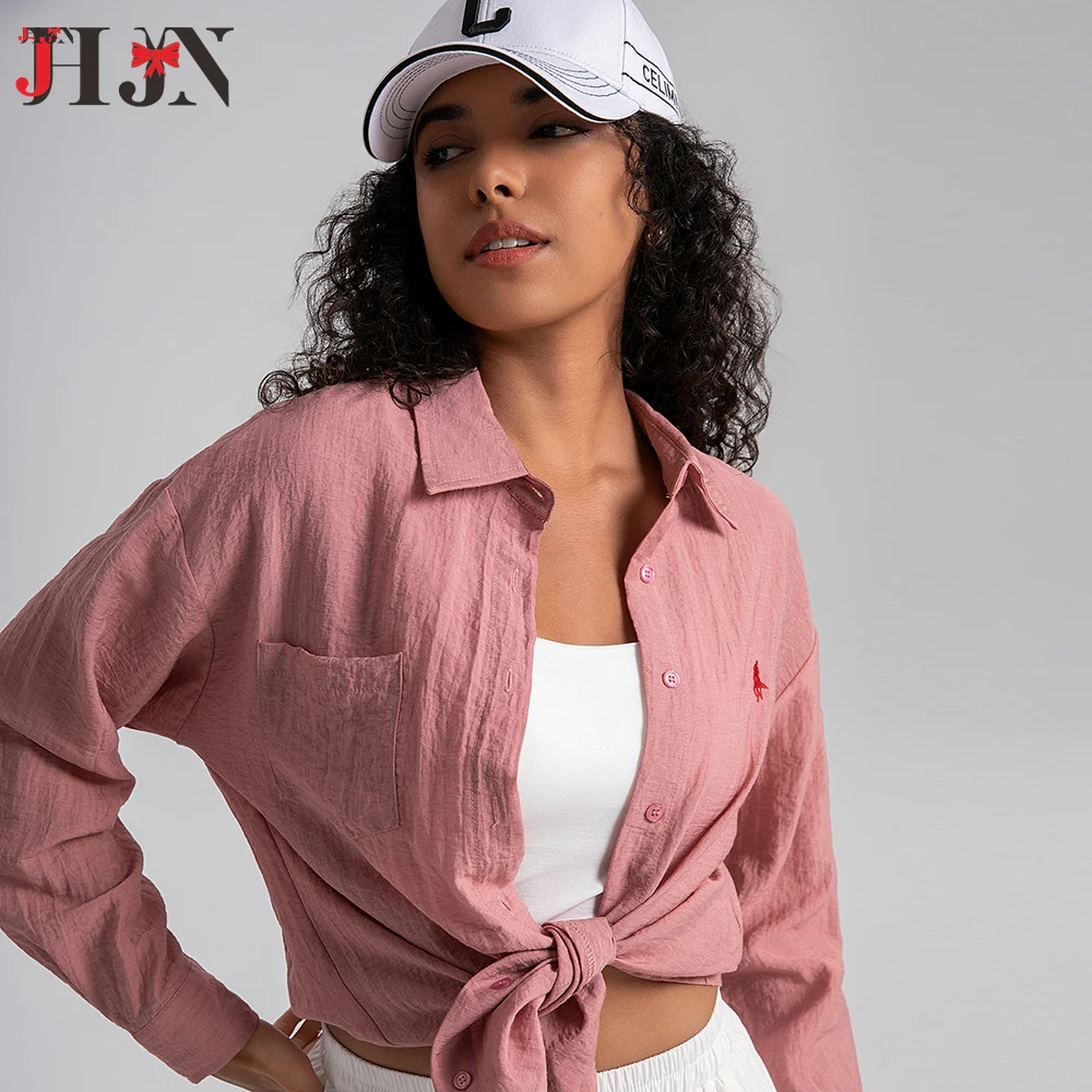 JHJN Casual Turn Down Collar Long Sleeve Top Office Lady Elegant Blouses for Women 100% Cotton Gauze Muslin Women Shirts