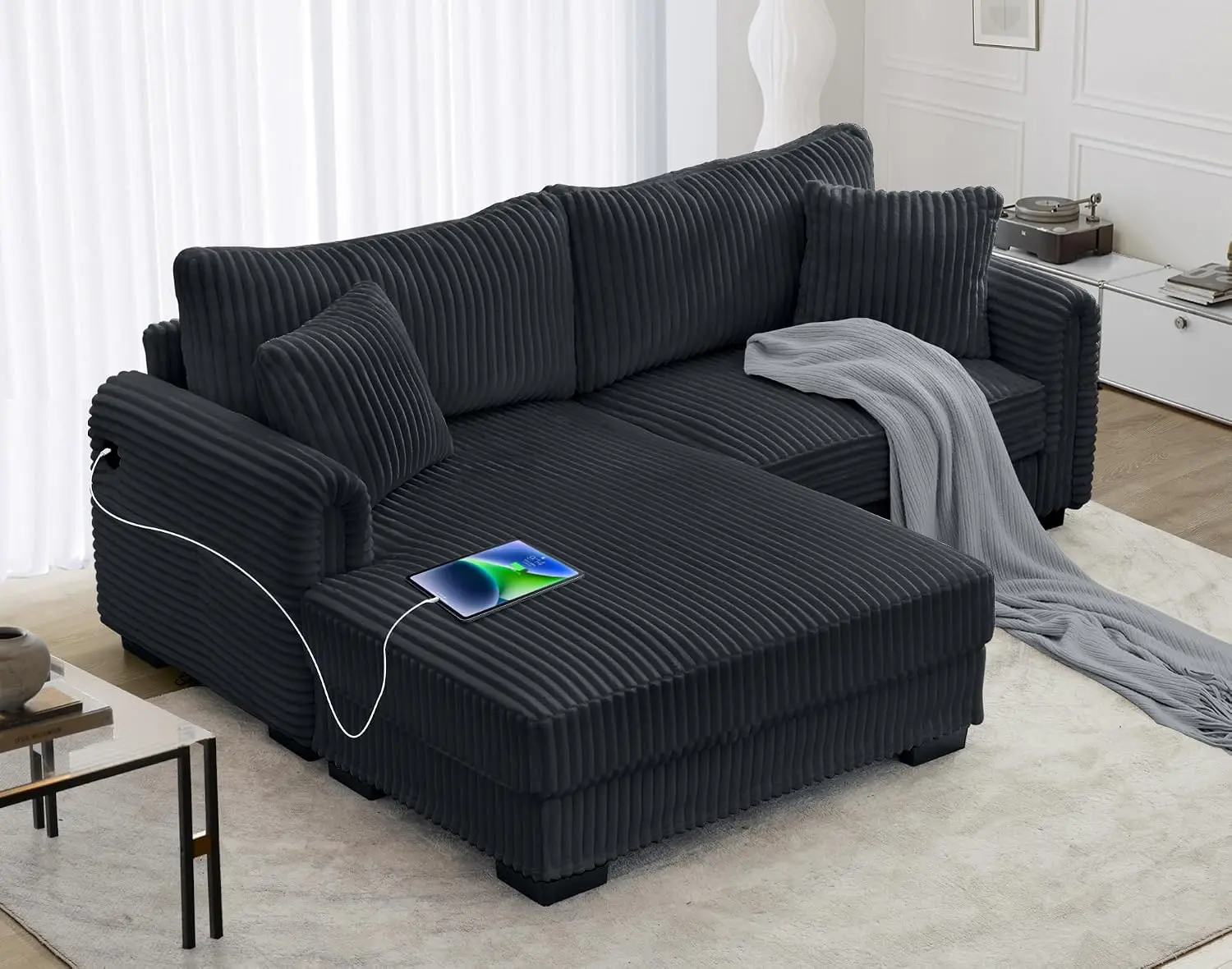 L-Shaped Sectional Sofa, Oversized Loveseat Corduroy Couch with Reversible Chaise, USB Charging Port, Side Pocket, Deep, Custom