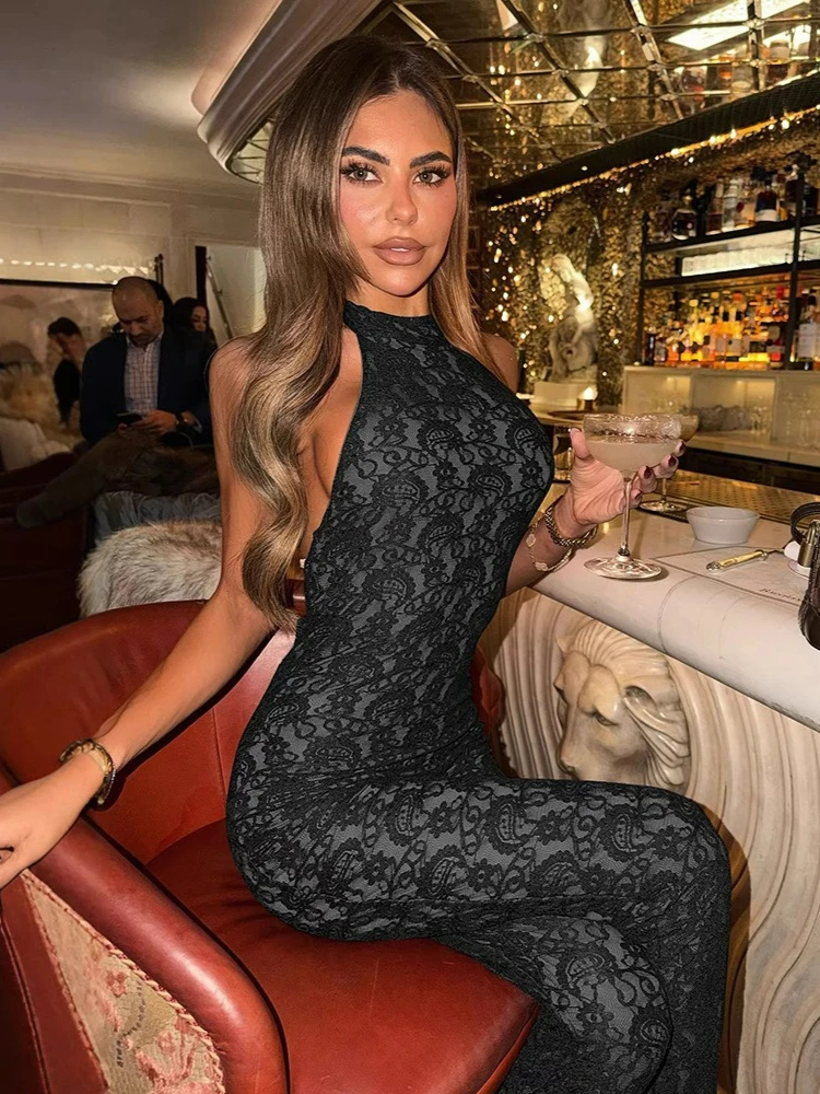 

Женский вечерний комбинезон FDYOUI с вырезом халтер и открытой спиной, элегантный кружевной комбинезон без рукавов, цельный боди для уличной моды