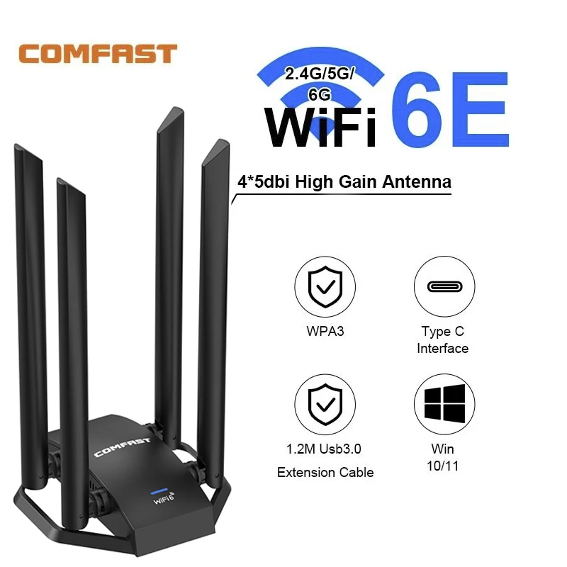 

Comfast AX5400 Adaptador Wifi 6E Usb 3.0 Adapter 5Ghz/2.4G/6G 4 Antena Wi fi 6 Para PC Cle Network Card Dongle De Rede Stable