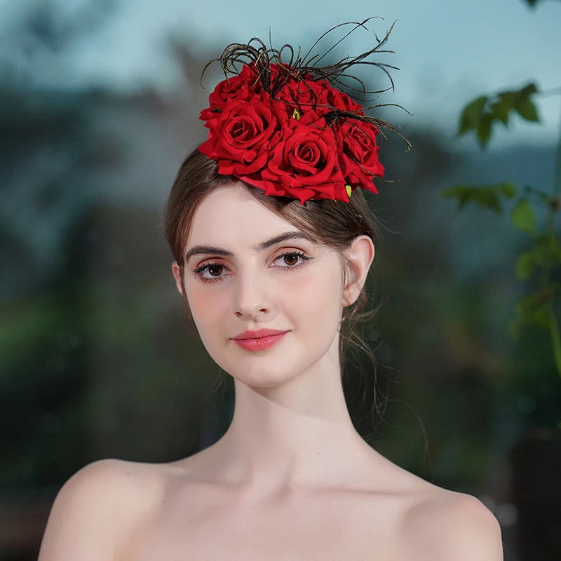 

Vintage Red Rose Satin Fascinator Hat Hair Clip Hairbands Elegant Ladies Wedding Evening Party Flower Mini Fascinators Headpiecs