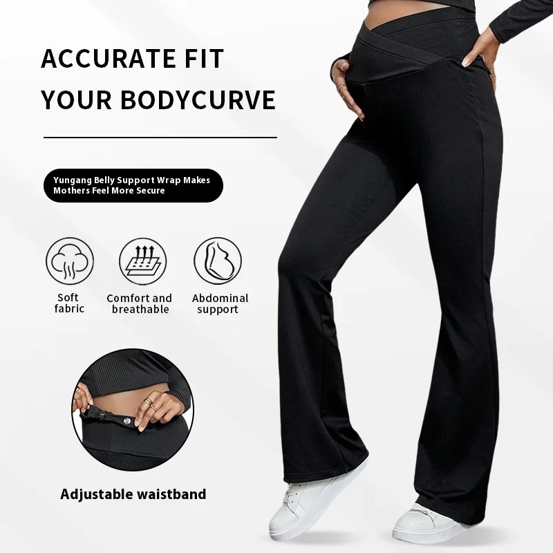 

American-Style Maternity Wide-Leg Pants with Crossover Belly Support and High Waist Maternity Flared Pants Maternity Wear