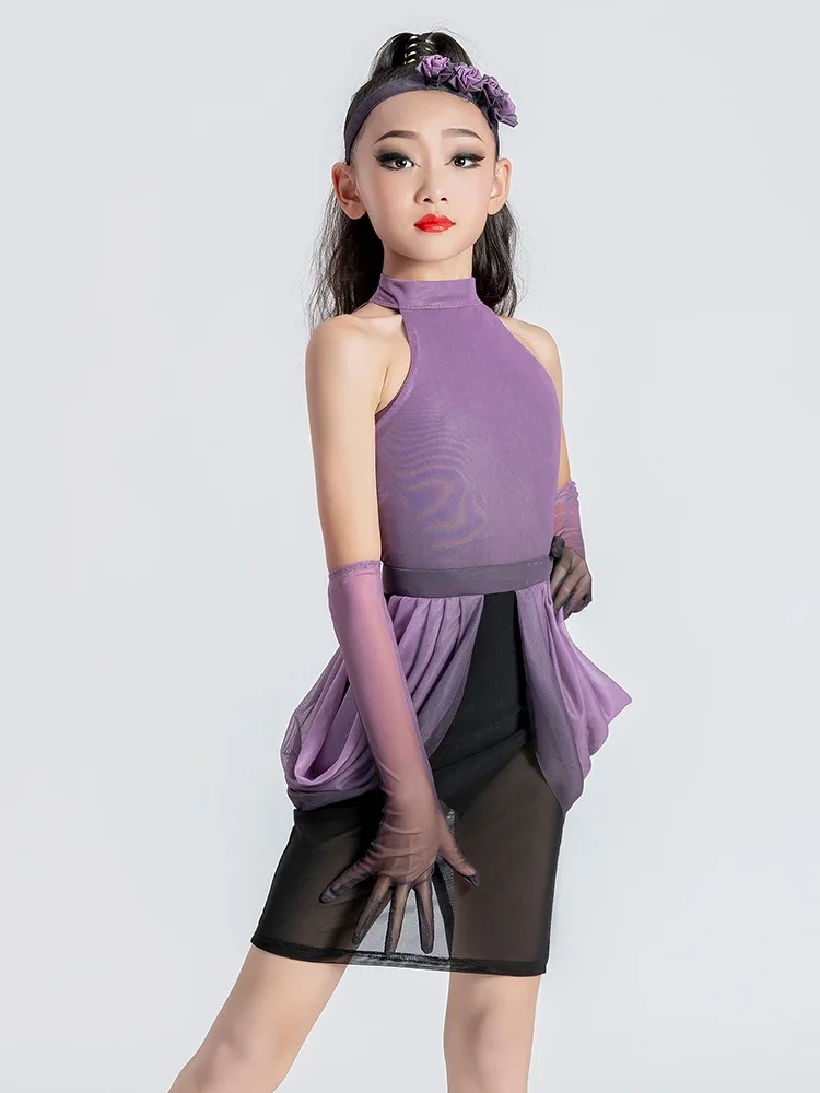 Girls Rumba Tango Dance New Purple Latin Dance Costume Competition Wear Kid's High Necked Off Shoulder Performance Suit