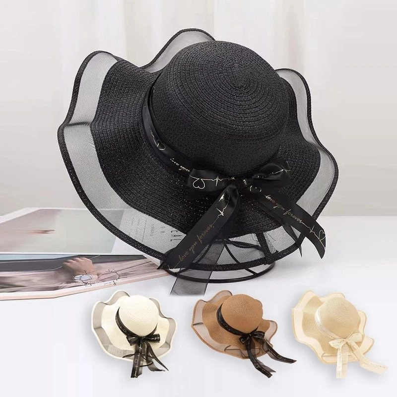 Love ribbon mesh brim straw hat