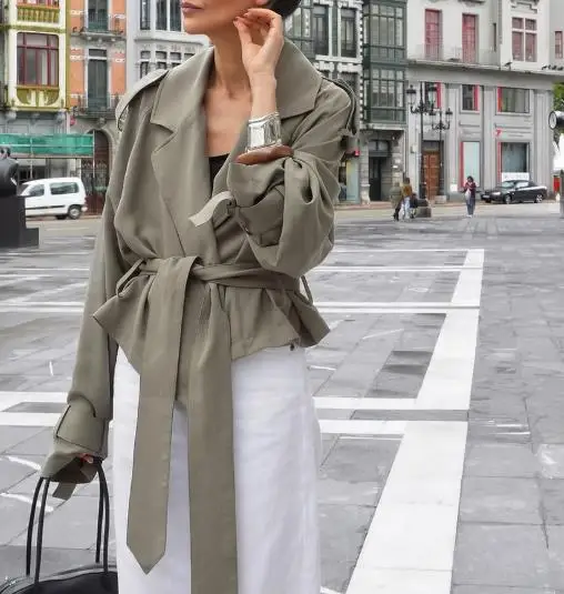 Women's Jacket 2025 Spring Autumn New Solid Color Windbreaker Notched Collar Long Sleeve Commuter Temperament Lace Up Jacket