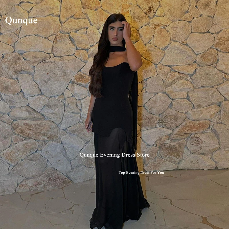 Qunque Black Chiffon Prom Dress Robes De Soirée Off The Shoulder With Scarf Mermaid Birthday Wedding Party Gown Evening Gowns