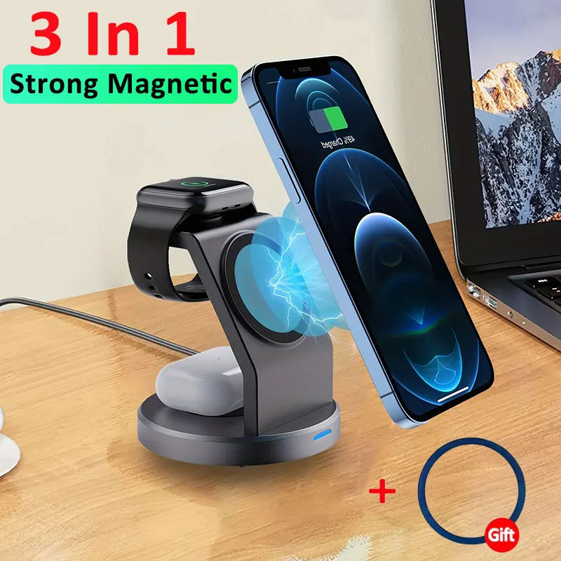 Mangetic Wireless Charger Stand 3 In 1 Macsafe Fast Charging Station For Iphone 15 14 13 12 Pro Max Apple Watch 8 7 Airprods Pro