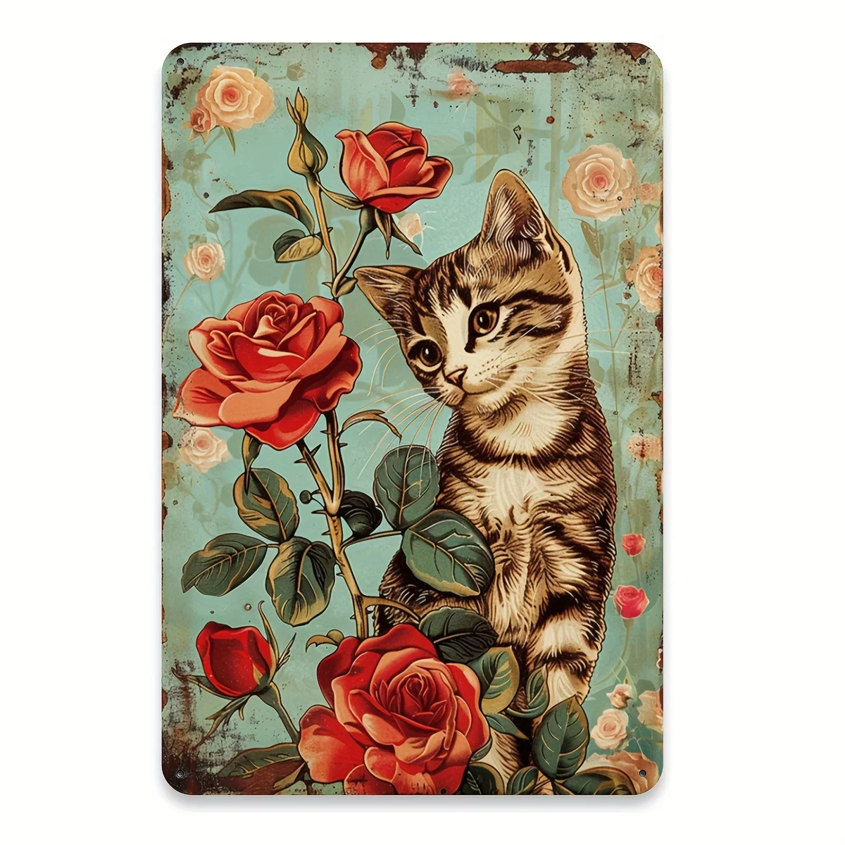 Charming Cat & Flower Vintage Metal  Sign - Perfect for Home, Bar, Cafe, or Garage Decor, 8x12 Inches