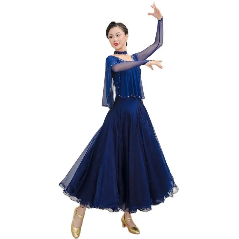 Blue Floating  Sleeves Big Swing Standard Ballroom Dress for Women Waltz Dress Social Dance Dress Rumba Dance Costumes Ball Gown