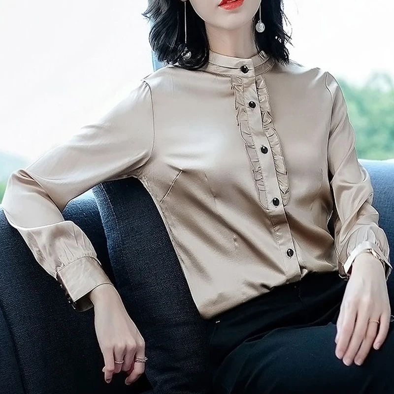 Women Korean Fashion Silk Satin Ruffled Elegant Blouse Office Lady Stand Collar Slim Shirts Casual Solid Long Sleeve Tops Blusas