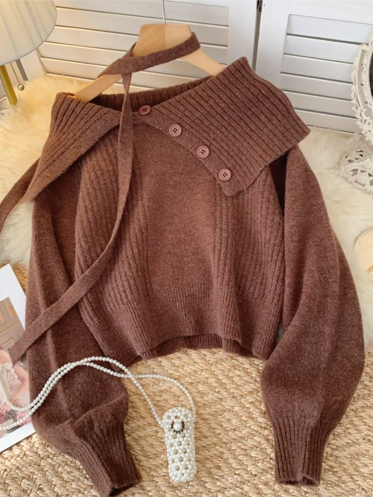 Elegant and Chic Knitting Sweater Autumn Turn-down Collar Button Decor Long Sleeves Casual Y2k Tops Female One Piece Clothes New