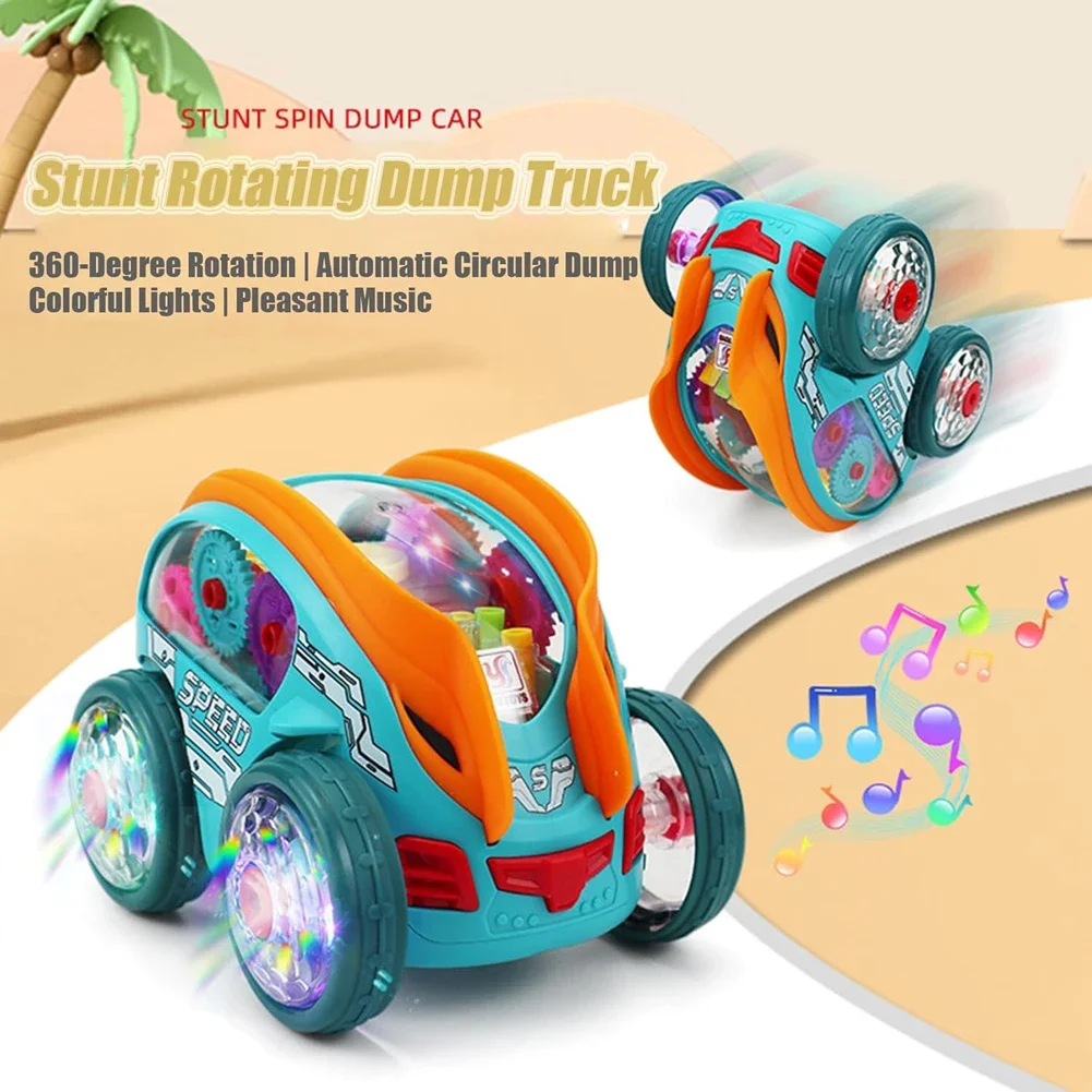 Electric Stunt Dump Truck 360 Rolling With LED Lights Music Gear-Powered Car Bump Vehicle Moving Gear Toddler Race Car Kids Toys