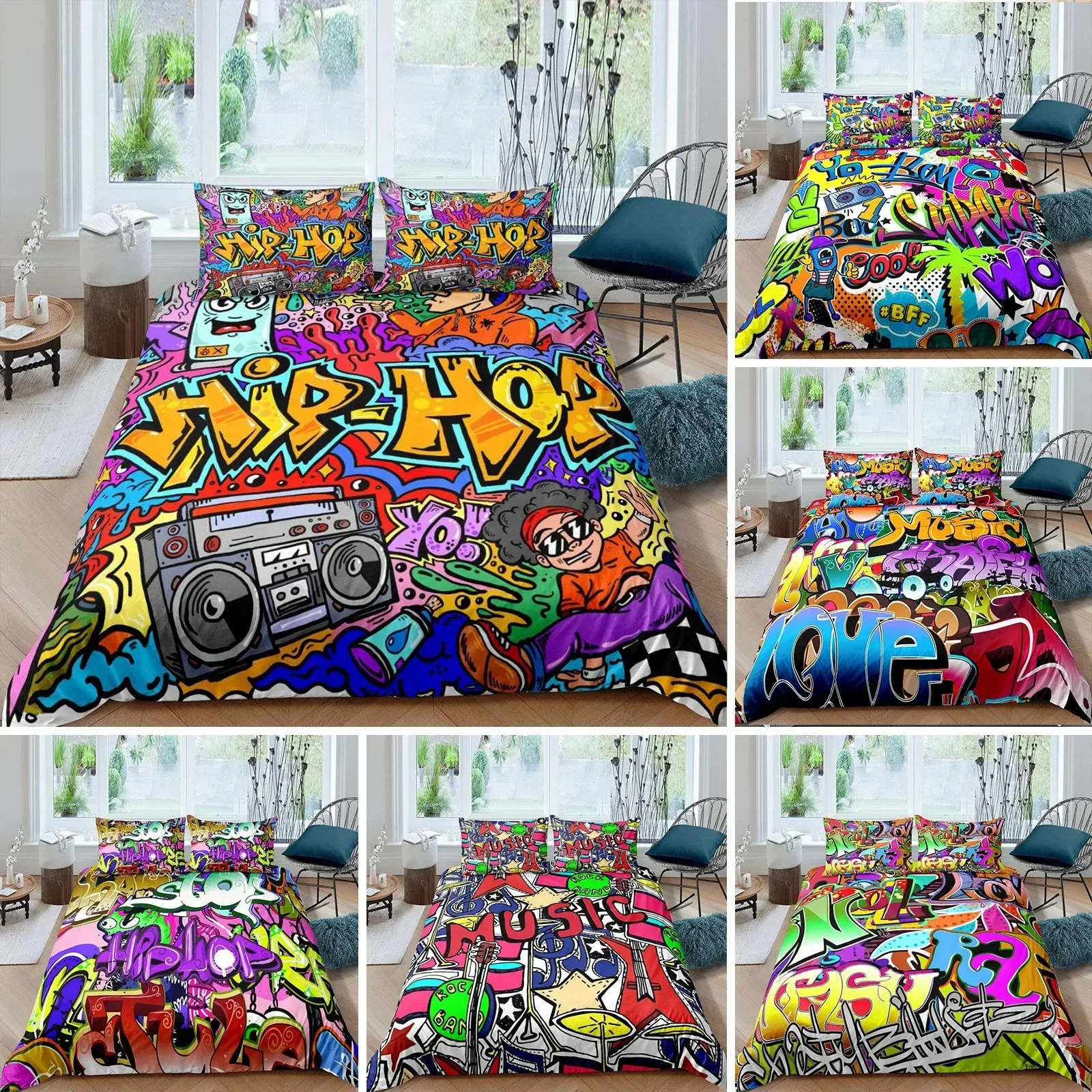 

Hip Hop Duvet Cover KingQueen Size Color Street Culture Wall Graffiti Art Rock Music Sports Polyester Bedding Set for Kid Teens