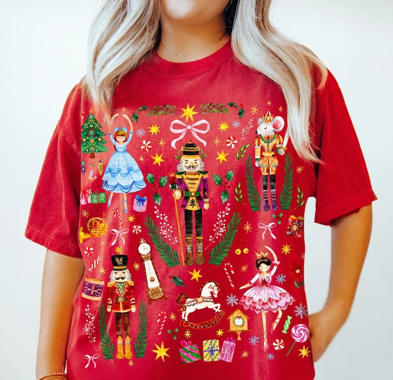 Noël Vintage casse-noisette femmes Cottagecore vacances beaux coton t-shirt drôle Style décontracté col rond manches courtes régulières