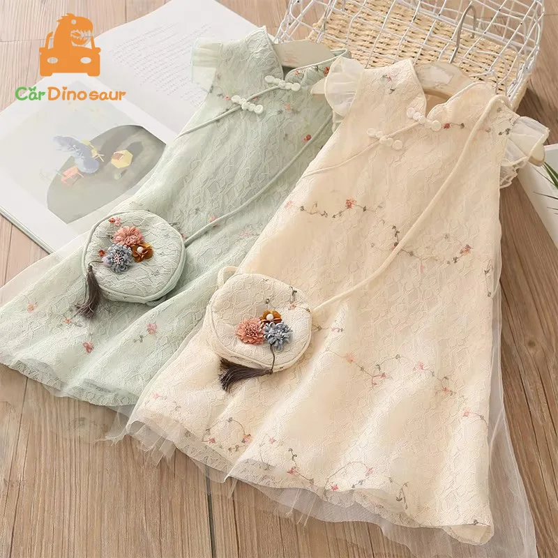 

2025 Summer 3 4 5 6 7 8 9 10 11 12 Years Chinese Han Style Hanfu Fly Sleeve Lace Cheongsam Dresses With Bag For Kids Baby Girls