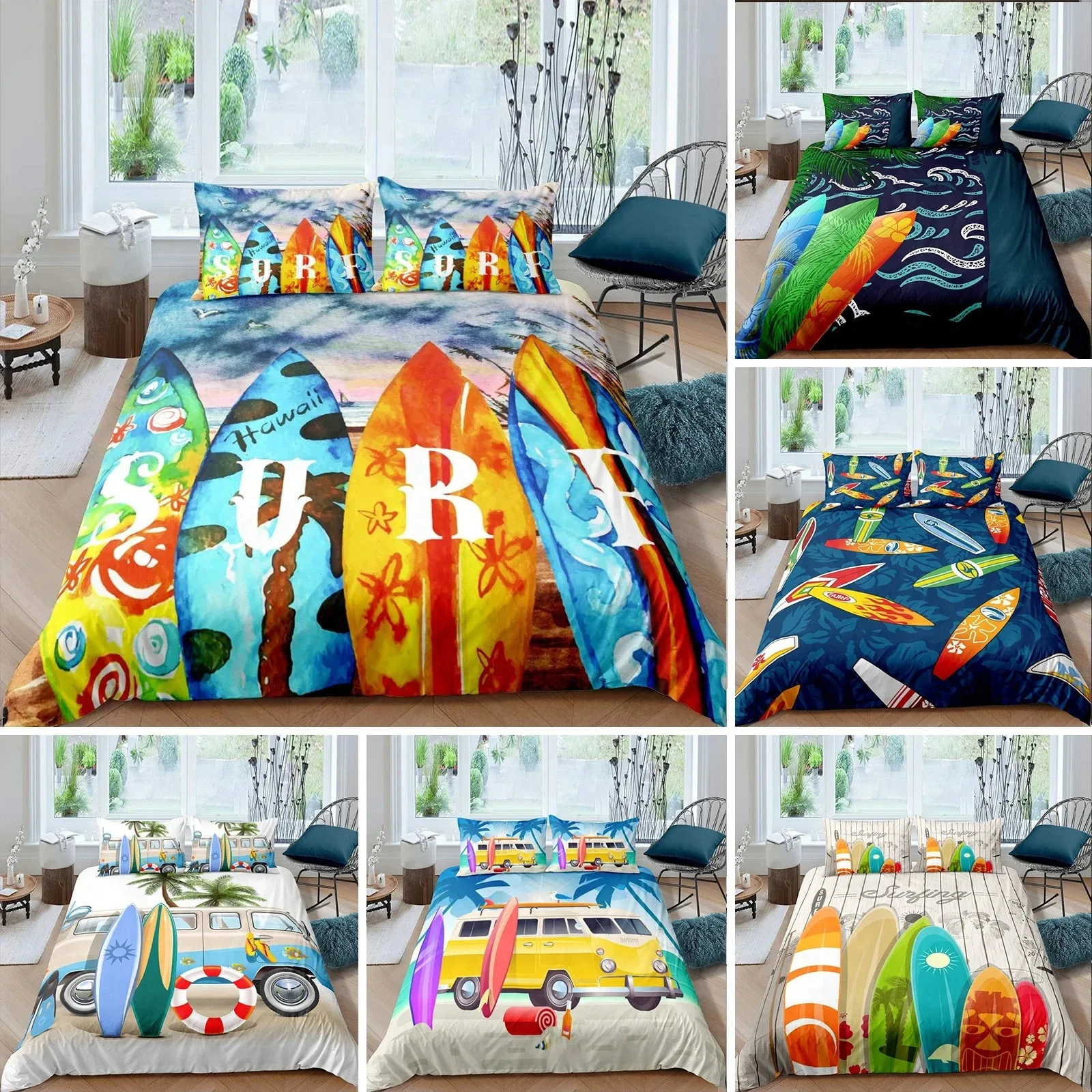 Surf Duvet Cover Set Beach Printed Hawaii Vacation Bedding Set for Adult Women Girl Tropical Botanical Polyester Comforter Cover