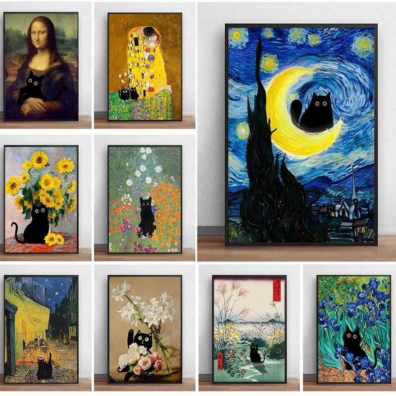 Pinturas famosas de Mona Lisa, noche estrellada con divertido gato negro, póster, pintura en lienzo, reproducción de girasol, arte de pared, decoración del hogar