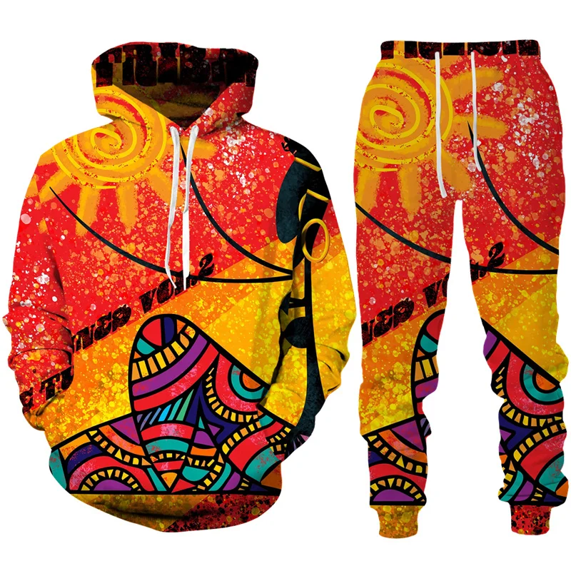 African Retro Colorful Folk-Custom Print Unisex Hoodie/Pants/Suit Ethnic Two Piece Tracksuit Set Fashion Couple Sportswear Suits