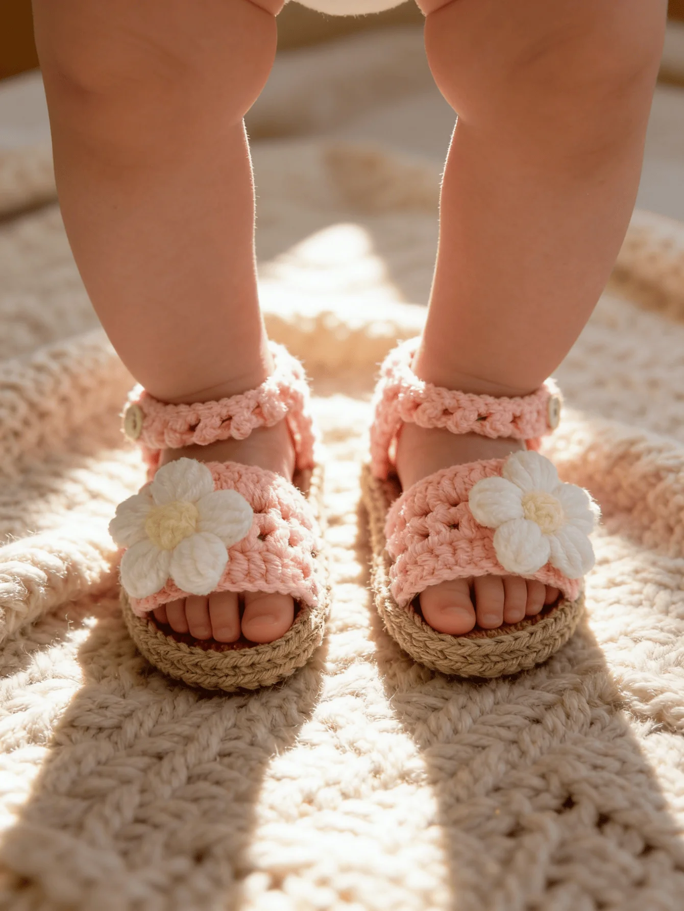 1 Pair Handmade Crochet Baby Girl Sandals, Pink with White Flower Accent, Knit Booties for Infants