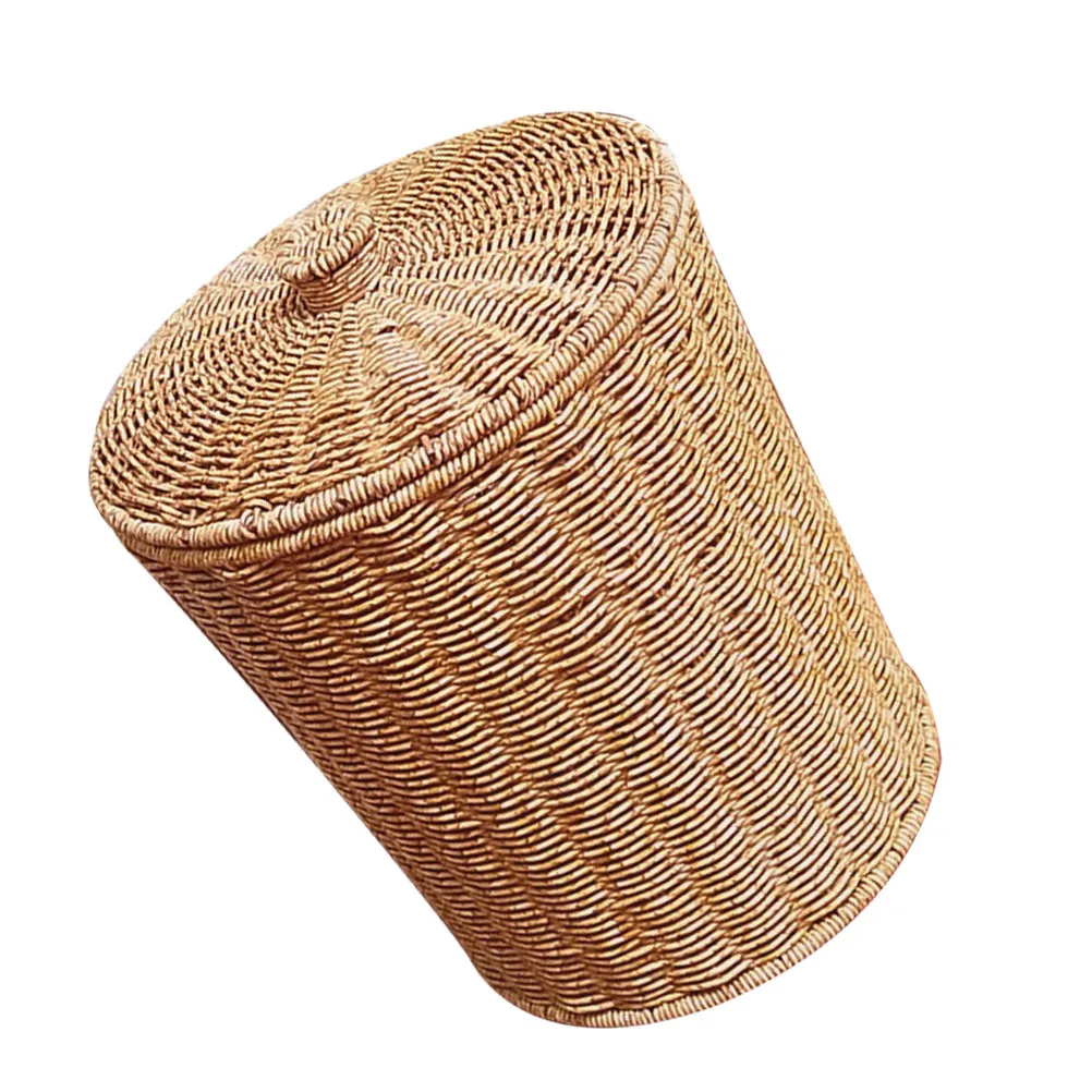 

Винтажная имитация плетеного мусорного ведра из ротанга с крышкой, стильный круглый контейнер для мусора для ванной, спальни, офиса, домашнего декора, контейнер для переработки отходов с крышкой