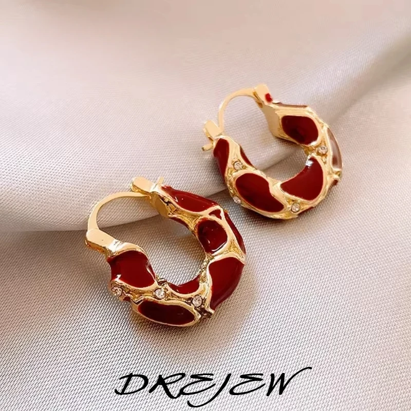 

DREJEW French Vintage Red Spot Drop Oil Earrings for Women Simple Personality Hoop Earring Light Luxury Dainty Jewelry Gifts