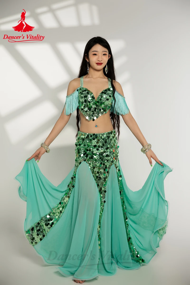 Belly Dance Performance Costumes for Women Big Sequins Bra Top+long Skirt 2pcs Oriental Belly Dance Competiton Weat Clothing