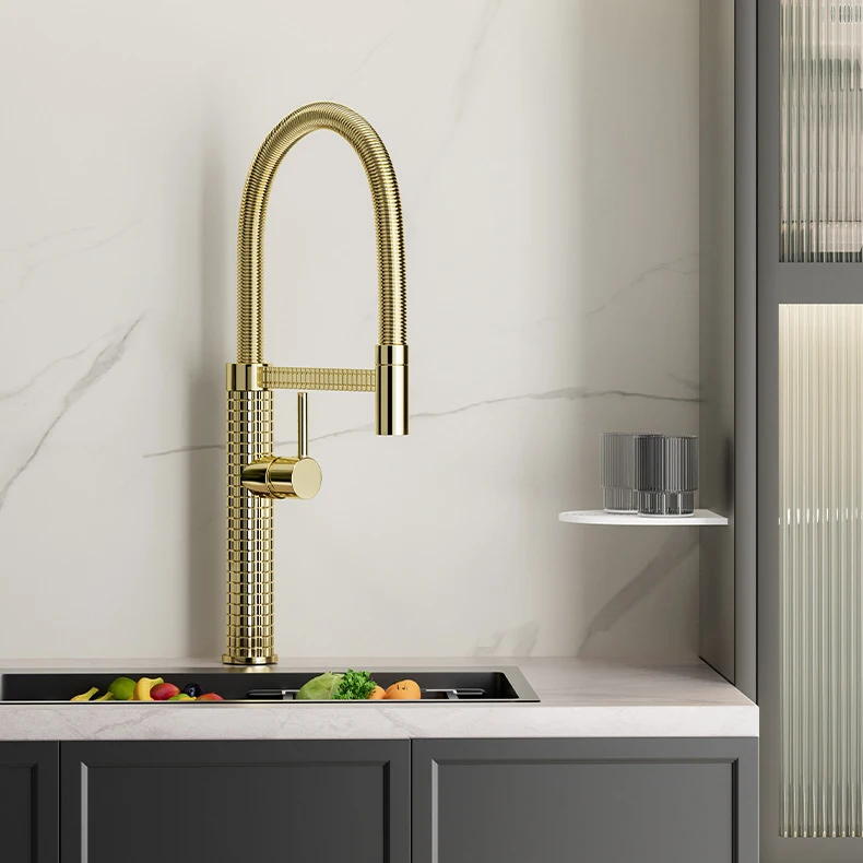 KEMAIDI Commercial Kitchen Sink Faucet Pull Down Sprayer Brass Faucets for Kitchen Sink Deck Mounted Hot Cold Water Mixer Golden