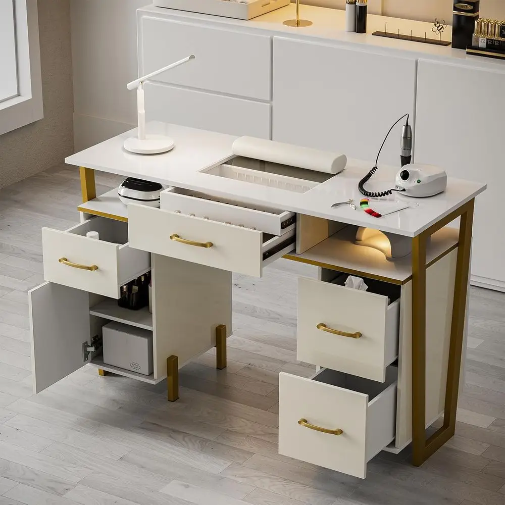 

Glossy White High-End Manicure Desk with Metal and Wrist Support for Nail Technicians