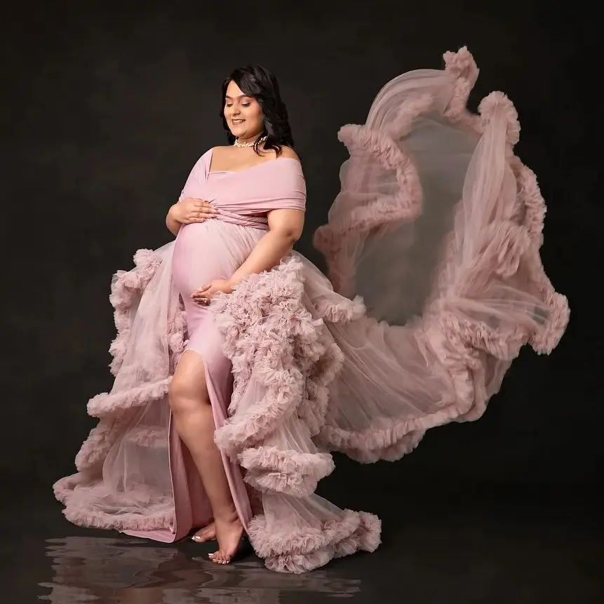 

Dusty Pink Maternity Dresses for Babyshower Elegnat Off The Shoulder Ruffles Vestidos For Pregnant Woman Slit Photoshoot Props