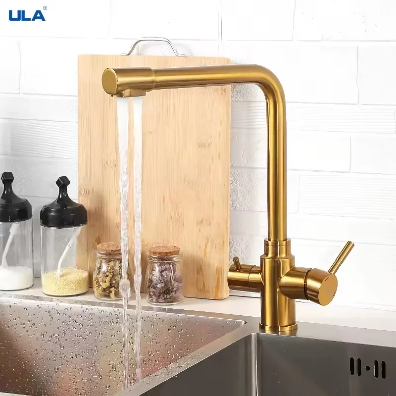 ULA Filtered Kitchen Faucet Gold Purifier Faucet Dual Sprayer Drinking Water Mixer Tap Nozzle Brass Kitchen Sink Mixer Torneira