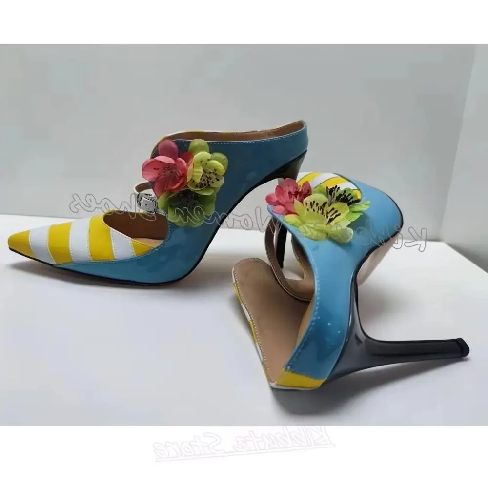 Flower Slipper Sandals Summer Beach Shoes Striped Slip-On Pointed Toe Thin Heels Fashion Luxury Elegant Leather Mixed Color New