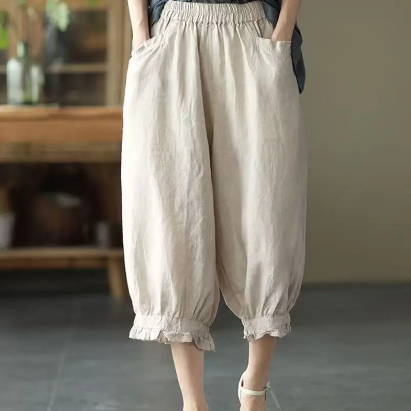 Vintage verão algodão e linho harem calças femininas casual sólido fino cintura elástica capri calças cortadas 2025 novo