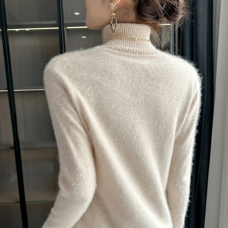 2024 Fall/Winter 100%Pure Mink Cashmere Sweater Women High Lapel Knit Pullover Wild Warm Solid Color Shirt Fashion Korean Tops