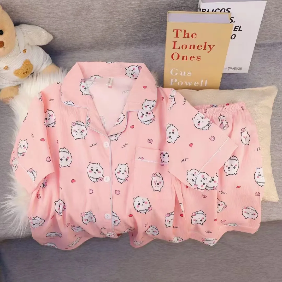 

Kawaii Chiikawa Hachiware Summer Women Sleepwear Set Usagi Short Sleeved Shorts Cute Girl Comfort Soft Homewear Pajama Gift