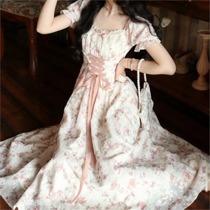 

Lace-up Square Collar Floral Slimming Jumpsuit Mid-Length Mori Style First Skirt