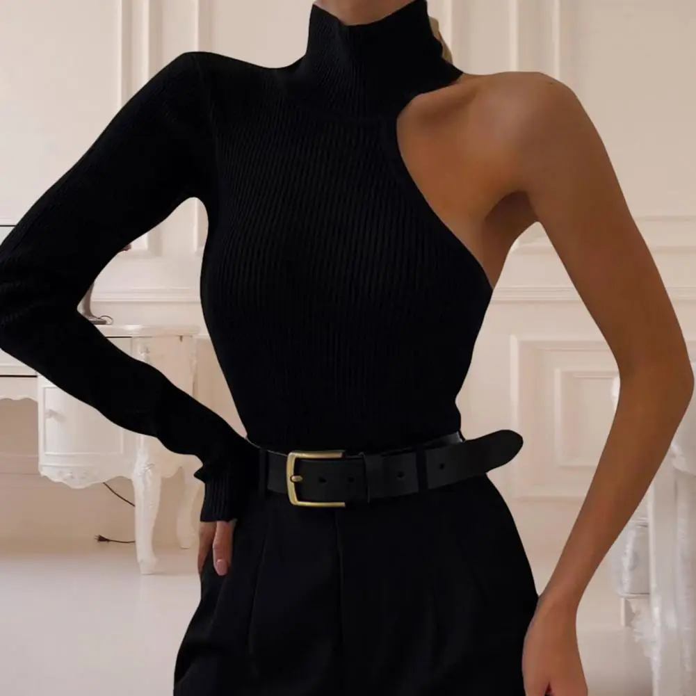 One-sleeve Bodysuit Women Bodysuit Soft Knitted Turtleneck Bodysuit Stylish One-shoulder Design for A Warm Elastic for Skinny