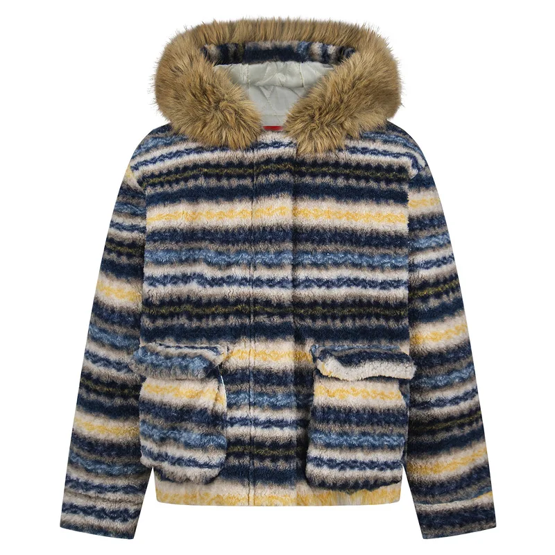 American Retro Detachable Fur Collar Unisex Cotton Jacket 2025 Autumn Winter New Striped Thick Loose Warm Couple Coats Ladies