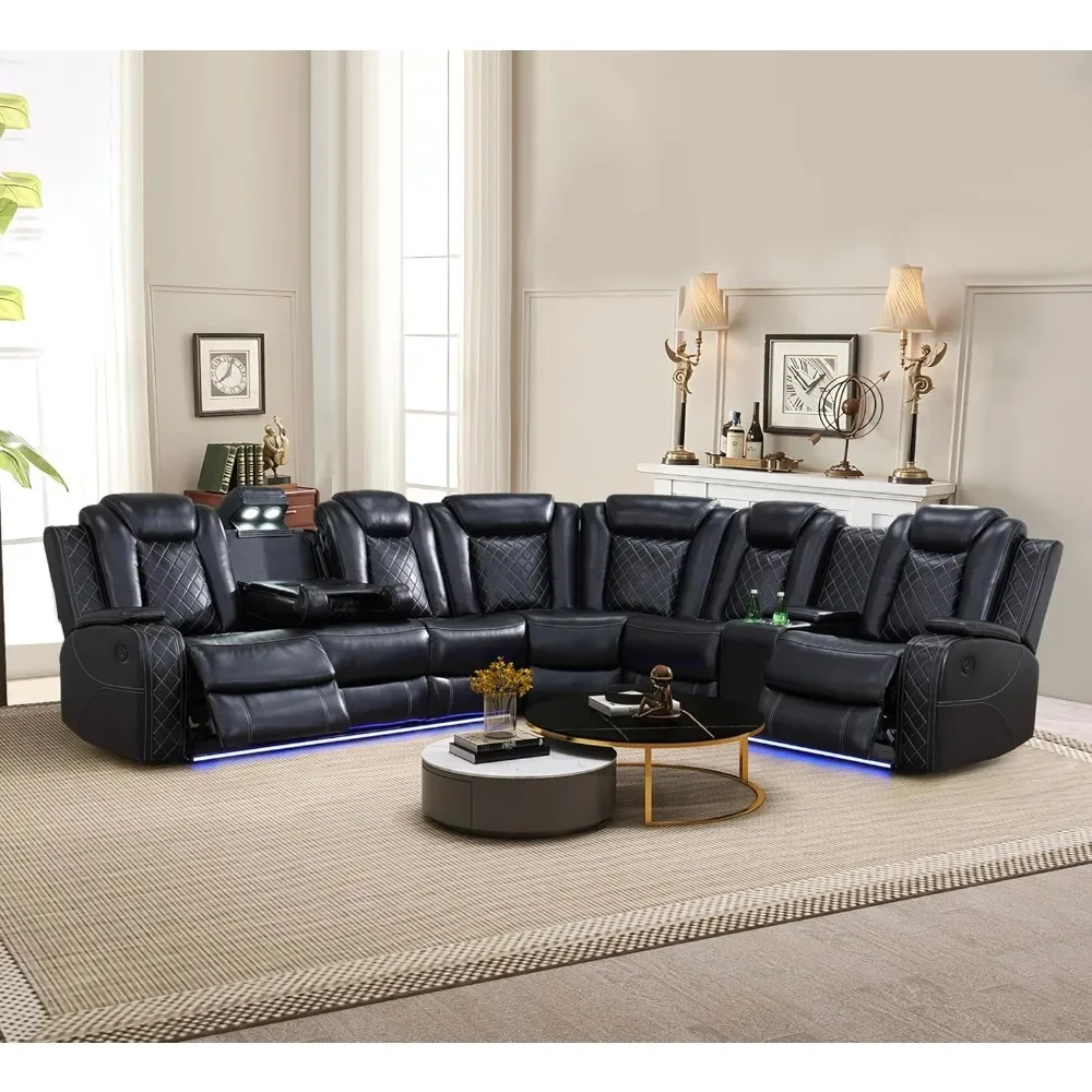 recliner Power Recliner Sectional Sofa with LED Light, Breathing Leather Recliner Sofa Couch with USB Port/Cup Holder