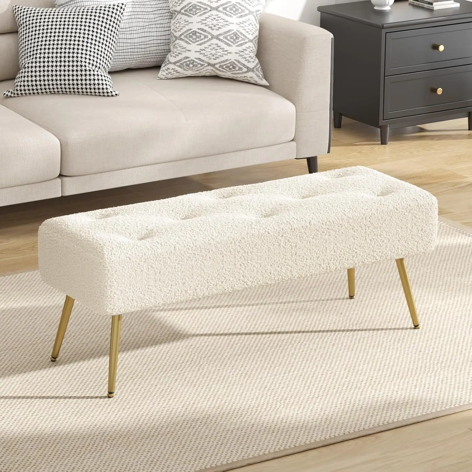 Banc ottoman moderne en fausse fourrure de 44 pouces avec cadre en métal doré pour entrée, salon, confort rembourré