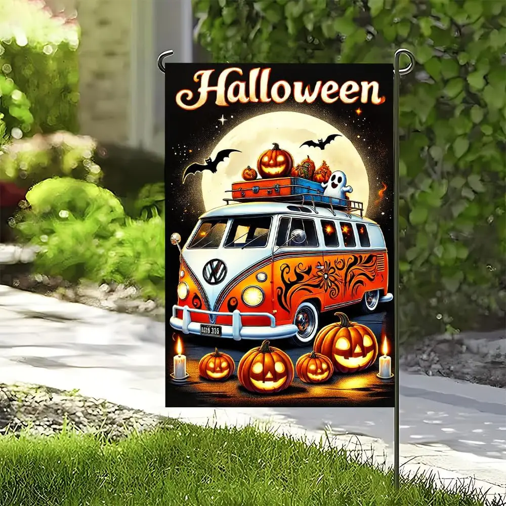 Halloween Garden Flag Vintage Van Pumpkin Ghost 12 x 18 Inch Double Sided Holiday Garden Flag for Outdoor Decorations IIK AA yyi